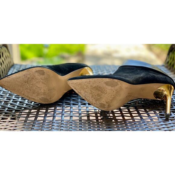 Calvin Klein Women’s Ankle Bootie Stiletto Gold Heel Sz 8.5 Black Suede Leather - Picture 6 of 10